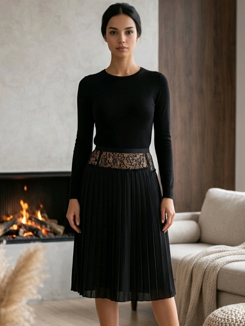 BCBGMAXAZRIA "Rakel" Pleated Lace Skirt black midi nude-lined yoke, Black Lace 2
